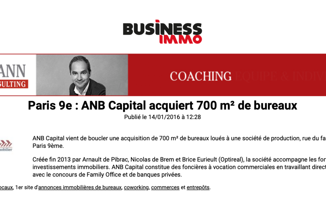 Business Immo – Paris 9e – ANB Capital acquiert 700 m² de bureaux